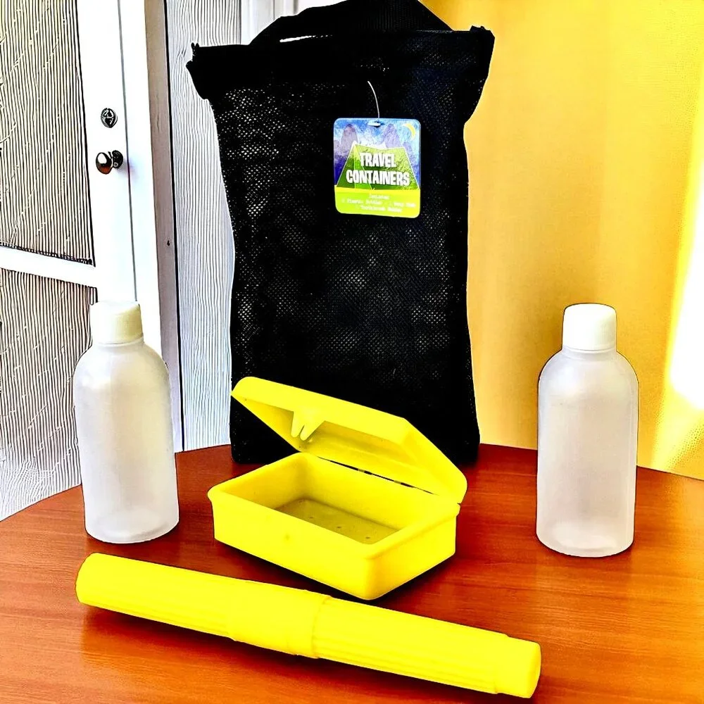 4 Piece Travel Bottles + Soap + Toothbrush Toiletry Container Set Net Bag NEW